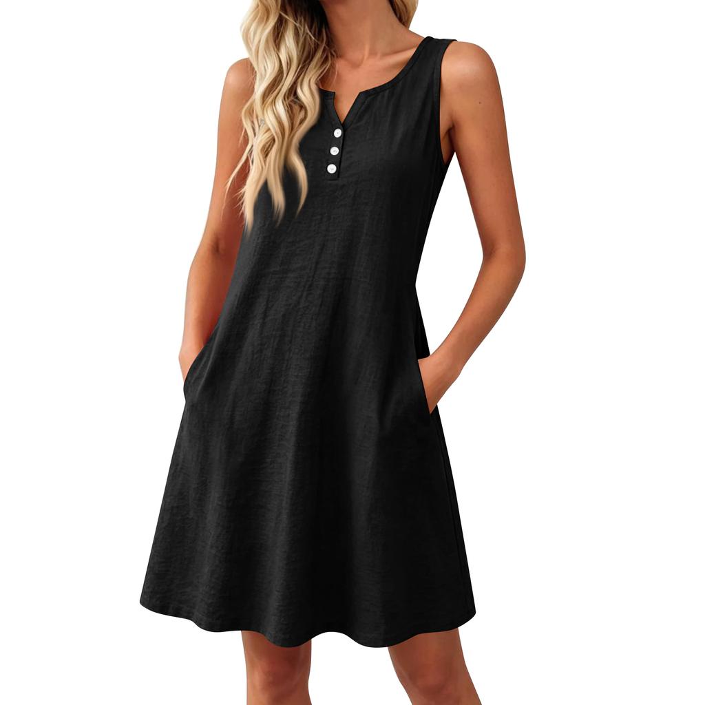 Summer Dresses Loose V Neck Sleeveless Sundresses Swimsuit Coverup With Pockets