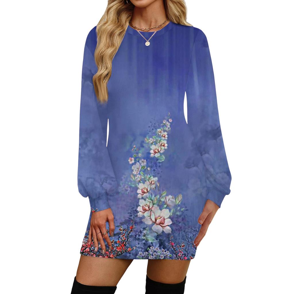 Damenmode Lässiges Rundhals Langarmkleid