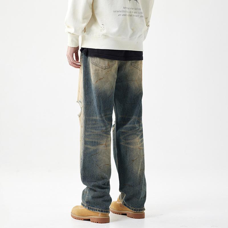 Graffiti Denim Amerikanische High Street zerrissene Jeans Herren Clean Fit Retro Straight alt gewaschene Hosen Herren