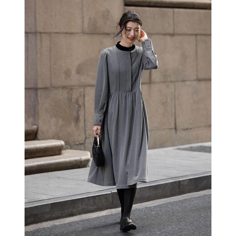 Demana Winter Color-Block Stand Collar Puff Sleeve A-Line Dress