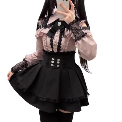 Ensemble et Tenue [Rowaica] Ensemble pour Femme Style Girly, Production de Masse, Épaules Dégagées, Blouse, Jupe, Ruban, 3 Pièces (JP, Alphabet, M)