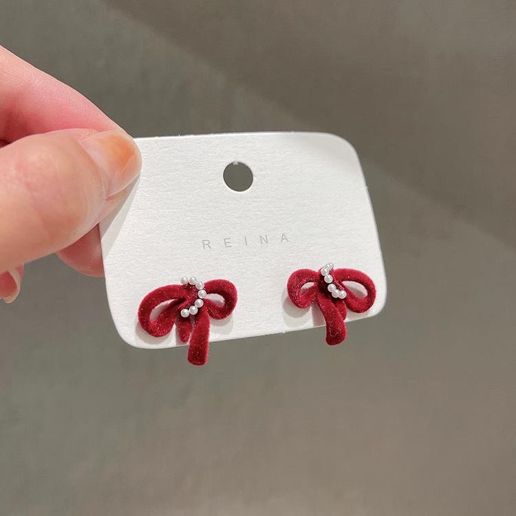 Elegant Red Flocking Bow Stud Earrings - Versatile, High-End Fashion Accessories