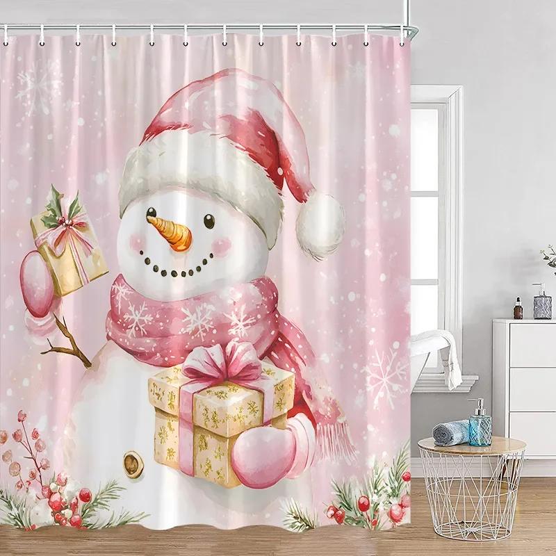 Pink Christmas Snowman Shower Curtains Winter Forest Watercolour Art Xmas New Year Home Bathroom Curtain Decoration With Hooks