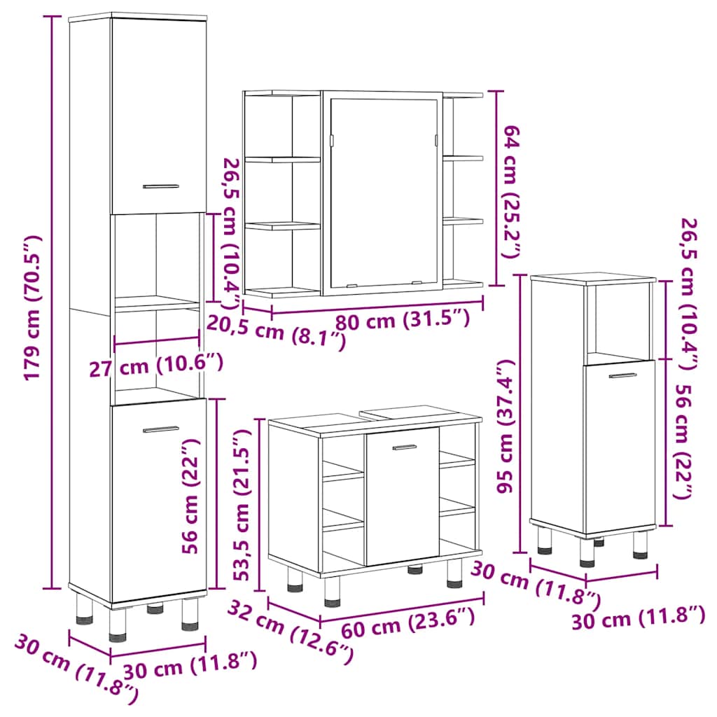 4 Piece Bathroom Furniture Set Concrete Grey Particleboard