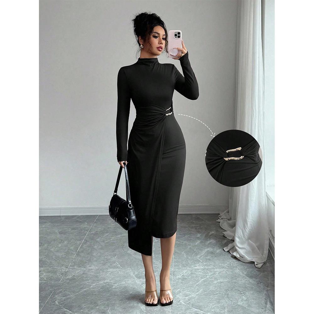 Spring 2026 New Style Small Stand-up Collar Knitted Solid Color Slim and Slimming Metal Buckle Dress