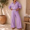VONDA Womens Casual Striped Two Piece Outfits Long Sleeve Buttons Shirt and Drawstring Wide Leg Pants Loungewear Sets