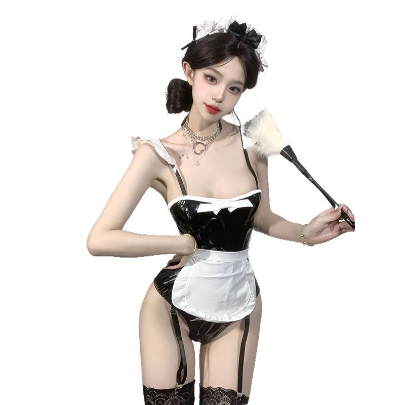 Sweet and Spicy Anime Maid Roleplay Costume Sexy Chef Maid Patent Leather Bodysuit Cosplay Uniform Suit