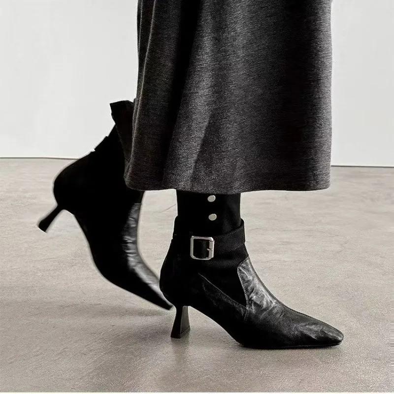 Fashion Plus Size Fall Winter New Pleated Square Toe Stiletto High Heel Soft Leather Side Zipper Mid-Tube Boots for Women