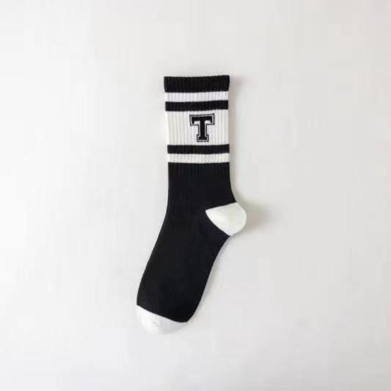 5 Pairs of Trendy Socks, Striped Letter PT Mid-calf Socks, Women's Breathable and Sweat-absorbing Cotton Socks