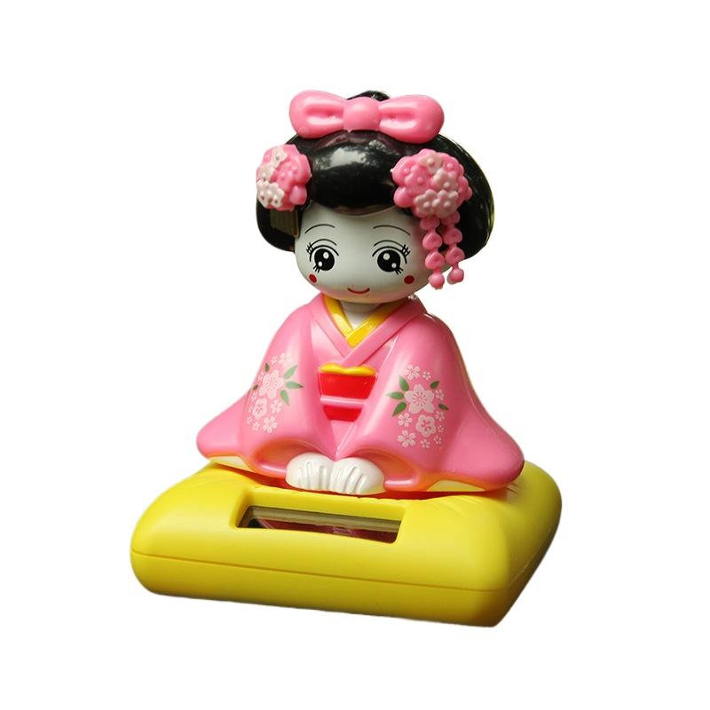 New Solar Powered Japanese-Style Doll Car Ornament Kimono Girl Shaking Head Nod Head Cartoon Doll Dashboard Cute Car Accessories