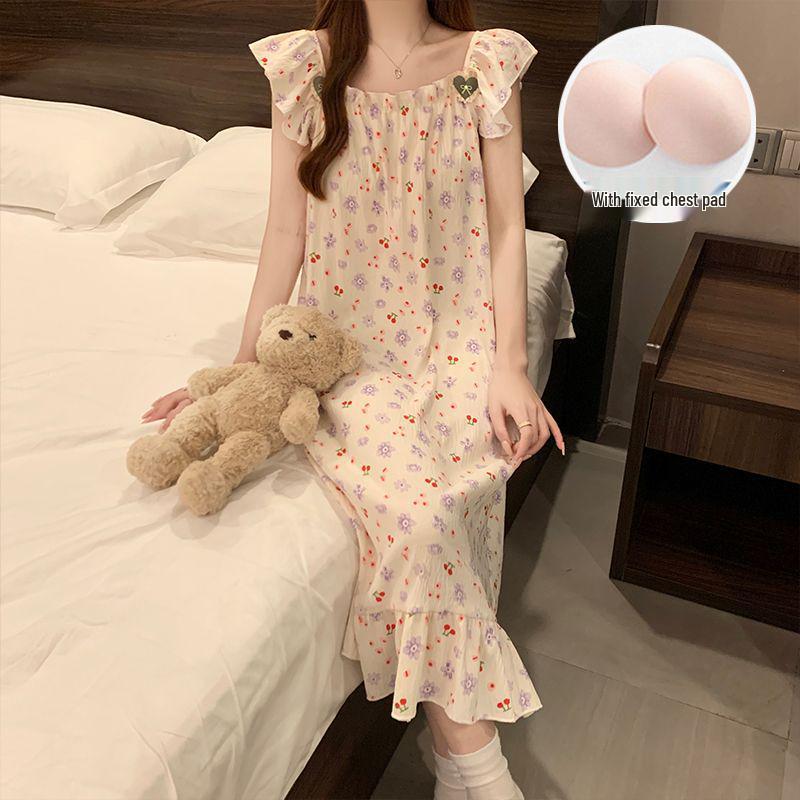 Women's Sweet Fairy Style Thin Cloud Cotton Camisole Nightgown with Built-in Bra for Indoor and Outdoor Wear