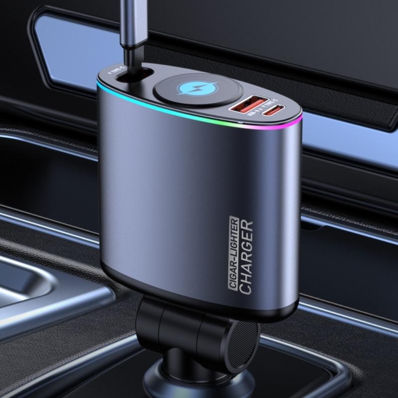 66W Fast Charging Car Adapter with Extendable Type C Cord & USB Slot Suitable for Smartphones and Tablets, Mobile Device