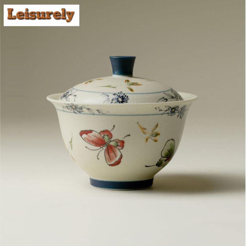 120ml Butterfly Orchid Gaiwan Vintage Tea Tureen Tea Bowl With Lid Kit Tea Brewing Cover Bowl Drinkware Accessories Collection