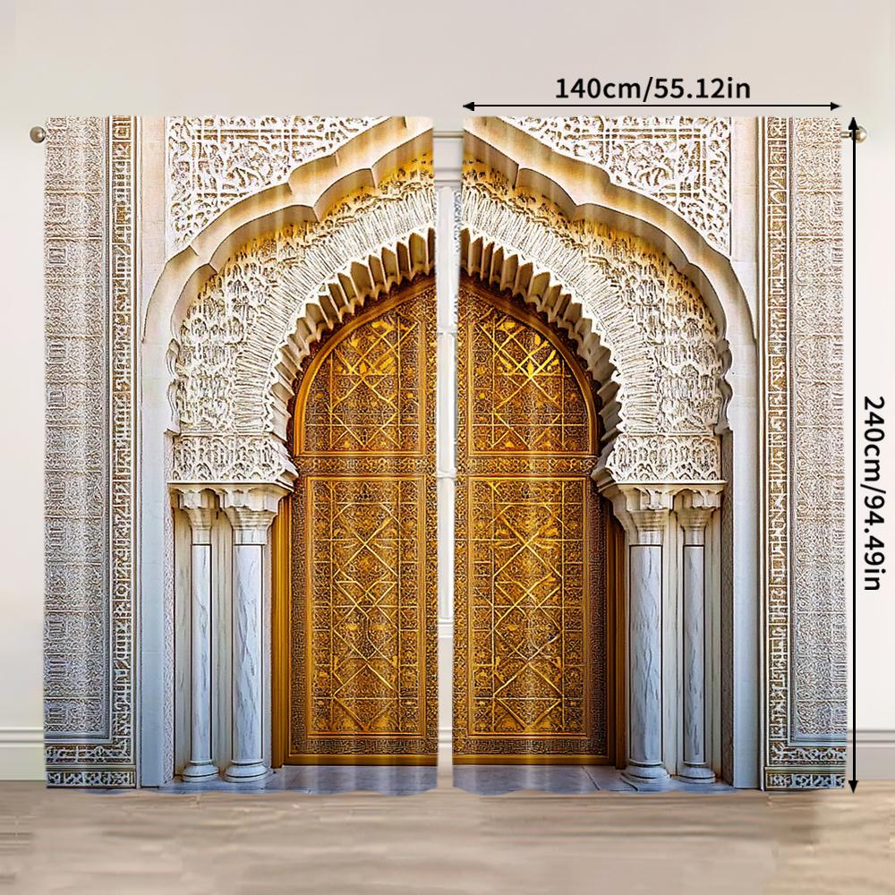 2pcs   Spring Summer Curtains Middle Eastern Style Architecture   Moroccan Palace Gate Yarn Curtains Durable 100% Polyester Fabric