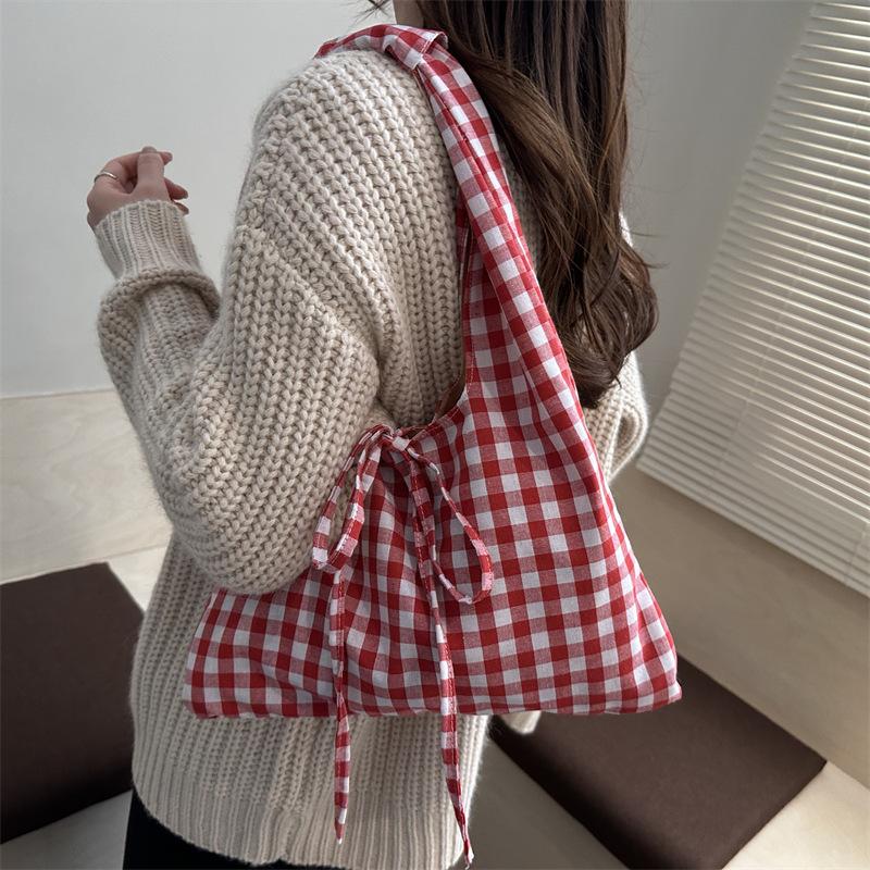 Vintage Plaid Shoulder Bags for Women Large Capacity Versatile Ladies Vest Bag Lightweight Portable Female Shopping Tote Handbag