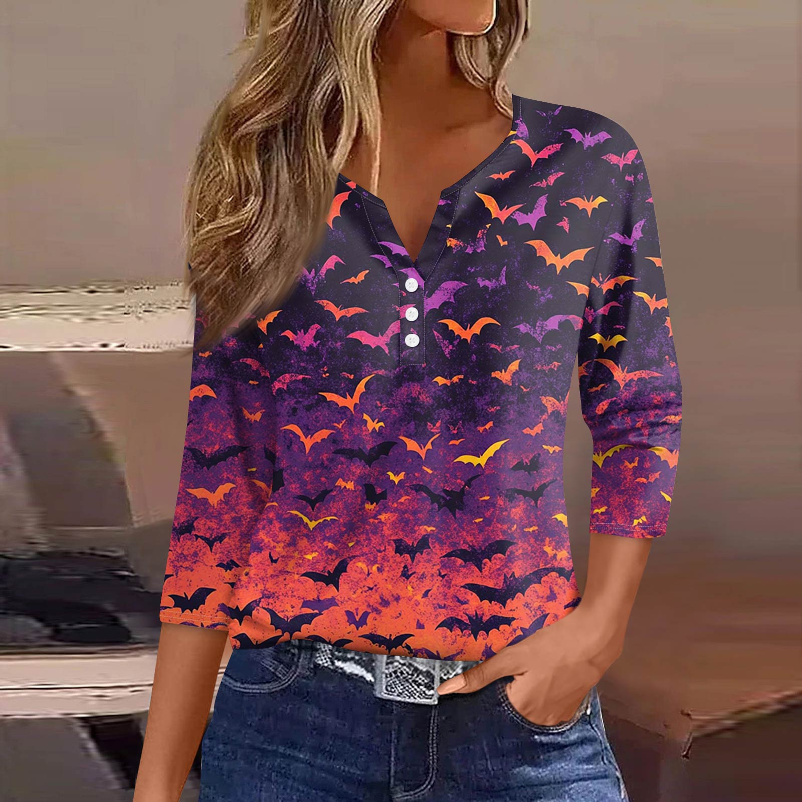 

Женская модная повседневная футболка с V-образным вырезом, рукавами семь, напечатанным на пуговицах XXL