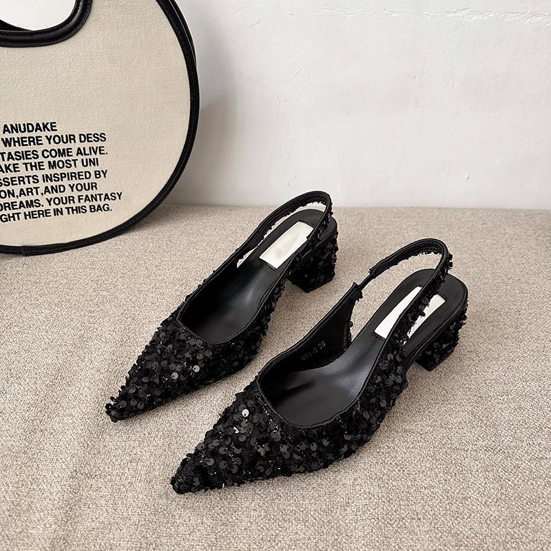 

Fashion Shoes for Women 2024 High Quality Slingbacks Women s High Heels Fashion Sequins Office and Career Sexy Slip-on Toe Cap Sandals 40 чёрный