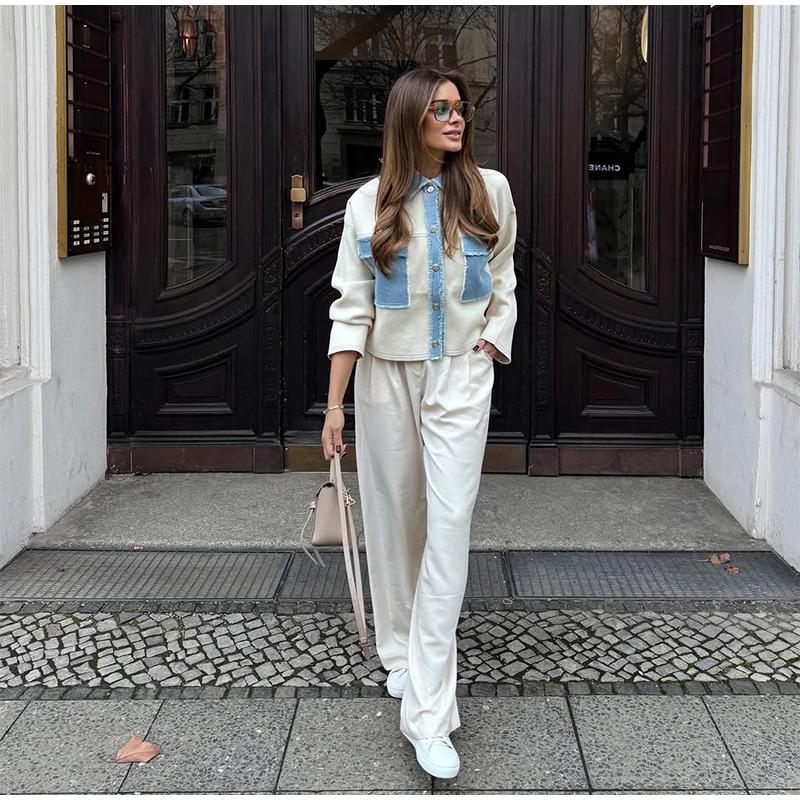 Y2k Women Denim Patchwork Jacket Coat Lapel Long Sleeves Jackets with Pockets Spring Casual Lady Denim Coats Designer Outwear Top