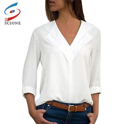 Blouse Long Sleeve Autumn Women Shirt V-neck Female Tops Solid Shirt Lady Blouse Shirt