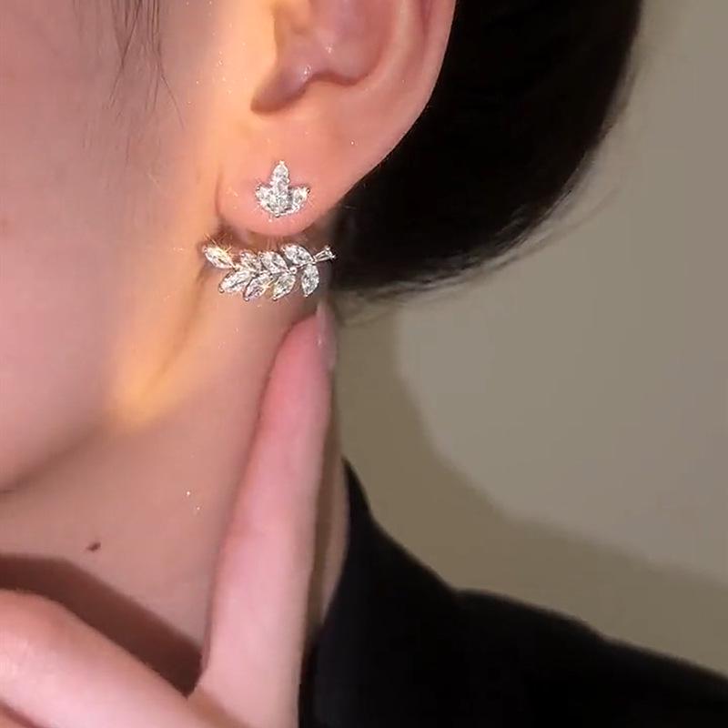 Elegant Zircon Wheat Leaf Stud Earrings: Silver Needle, Versatile Convertible Style, Exquisite Design