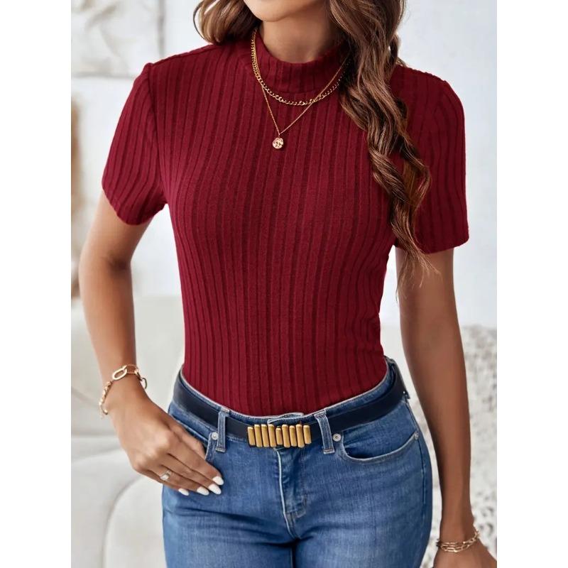 

Весенне-летние однотонные полосатые вязаные топы с коротким рукавом, нишевый полувысокий воротник, облегающие женские футболки XXL бордовый