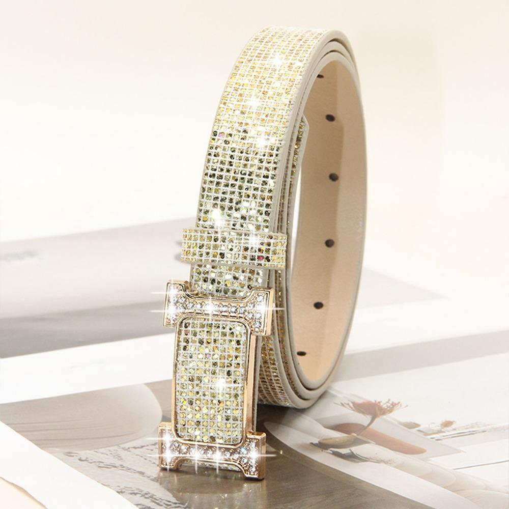 Glitter PU Leather Belt Bling Bling Slide Buckle Belt Vintage Trendy Waistband  Women