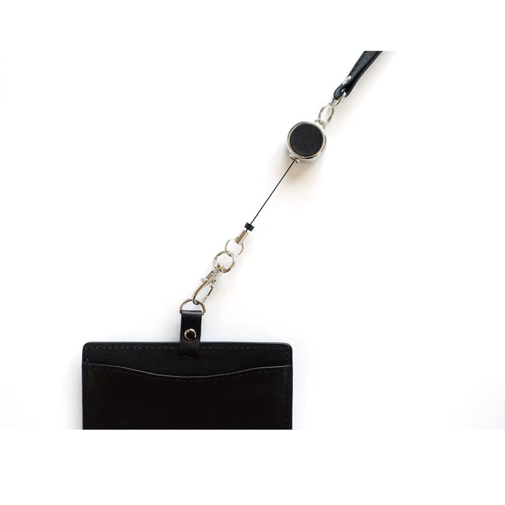 MASACCIO Genuine Leather ID Card Case with Reel, MCH051, Black, with Stretchable Reel Strap, Employee ID Card Holder, Cowhide Leather, Simple Design