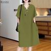ZANZEA Women Turn Down Collar Summer Short Sleeve Casual Dress