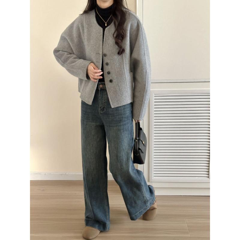 Herbst und Winter Einfarbig Kurz Einreihig Beidseitiger Wollwollmantel für Damen Petite Lässiger Wollmantel