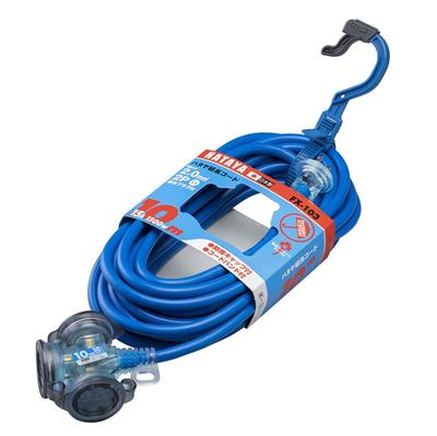 Hataya FX-103-B 2-pins Verlengsnoer voor Buitengebruik, 100V Type, 10m Snoer, 2,0 mm Dikte, 3 Stopcontacten, Waterdichte Stopcontactdoppen, Ingebouwd Controlelampje,