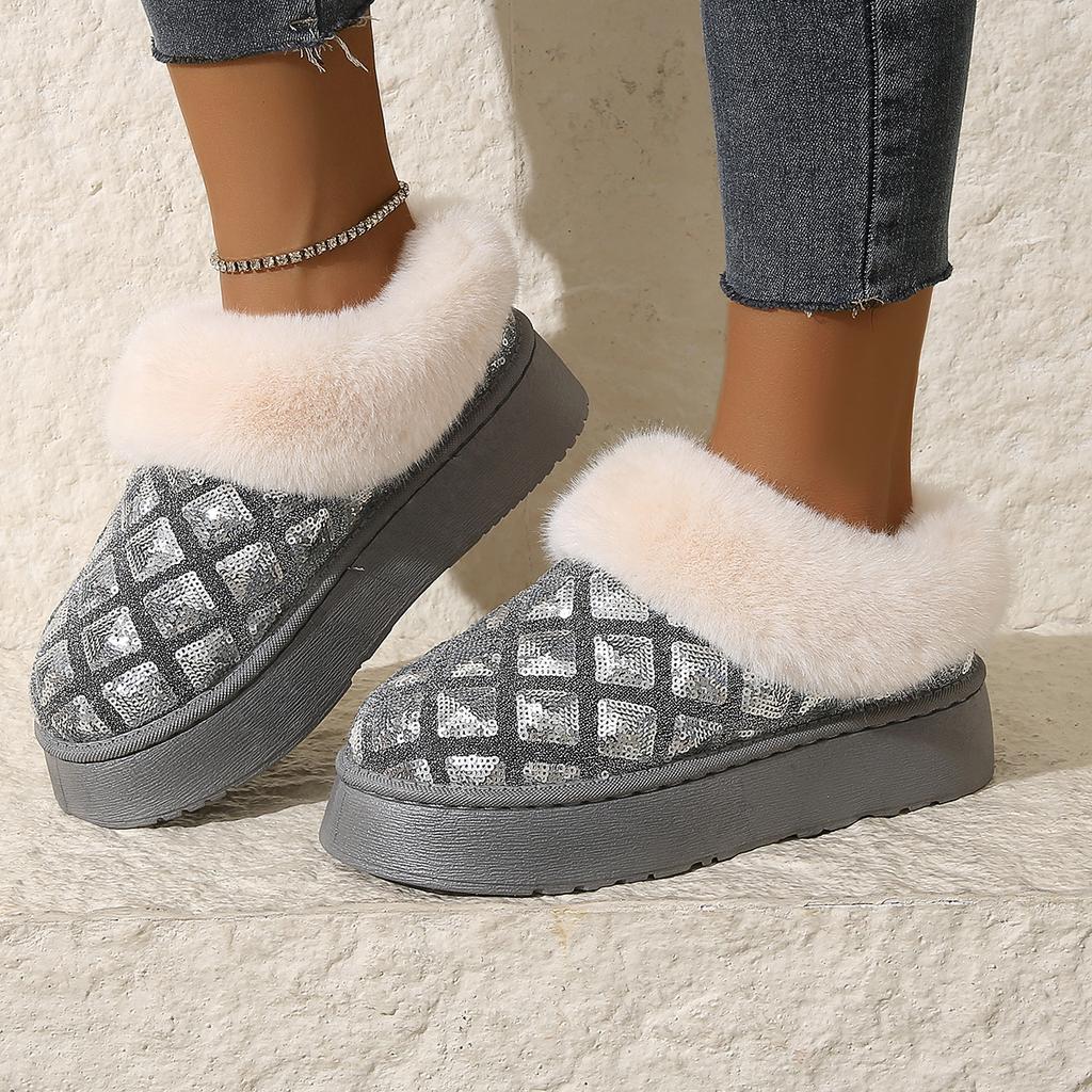 Autumn Winter Sequins Ladies' Snow Boots Thick Soled Bag And Cotton Slippers Worn With Fleece For Warmth Cotton Shoes