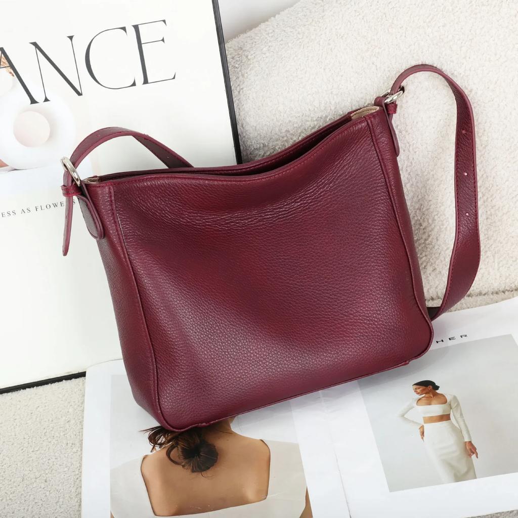 Natural Cow Leather Square Handbag - Crossbody Bucket Style, High-Quality Women's Shoulder Bag, Practical & Luxurious Hobo Bag