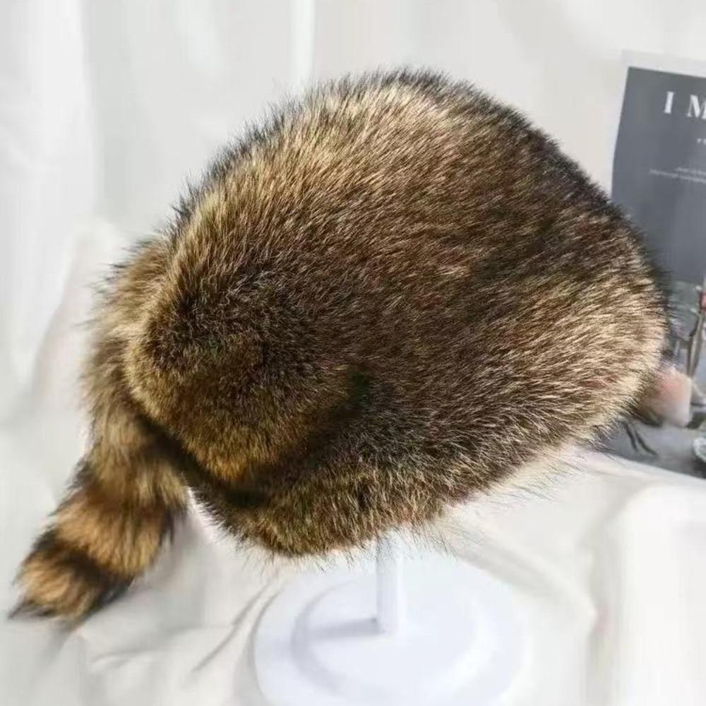Winter Warm Ear Protection Hat Raccoon Tail Flat Top Cap High-quality Faux Fur Hat