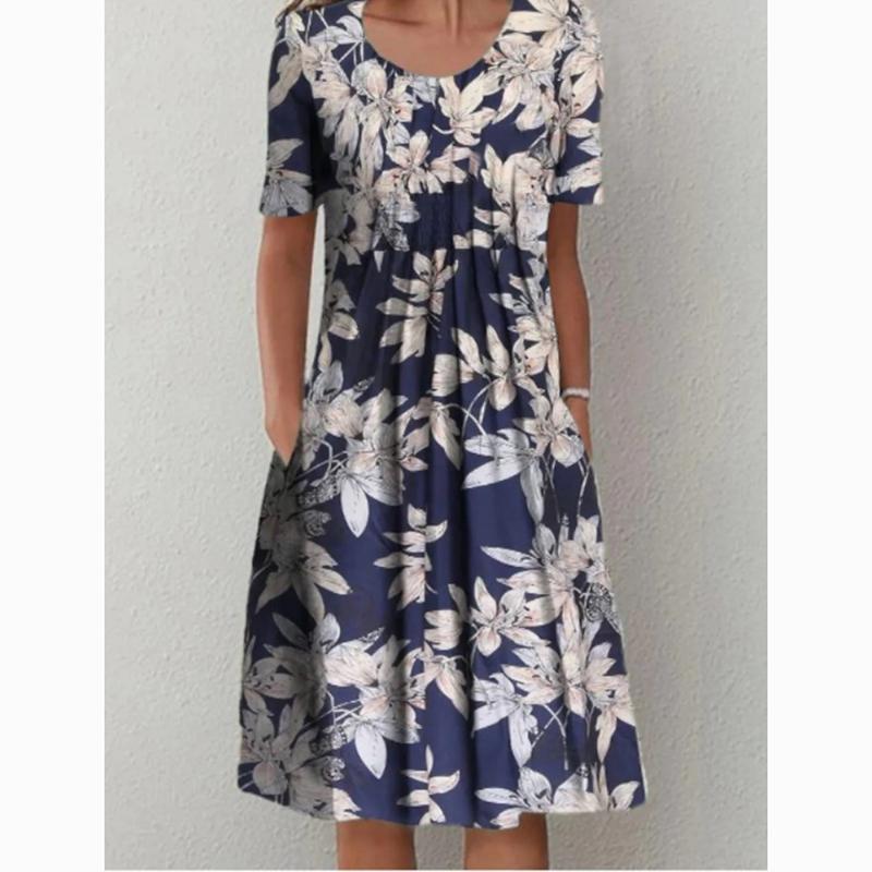 Spring Summer Floral Print Plus Size Casual Dress for Women Elegant A Line Loose Long Dress Female Pocket Round Neck Dresses 24063