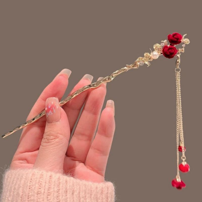 Retro Roter Haarstab Chinesischer Stil Hanfu Quaste Frauen Blumen Essstäbchen Legierung Haarnadel Frau Schmuck Haarspange Accessoires