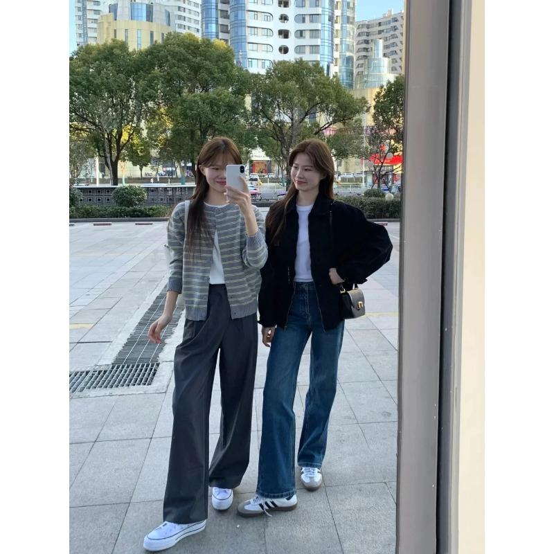 Contrasting striped sweater jacket women's autumn and winter new retro lazy knitted top with cardigan