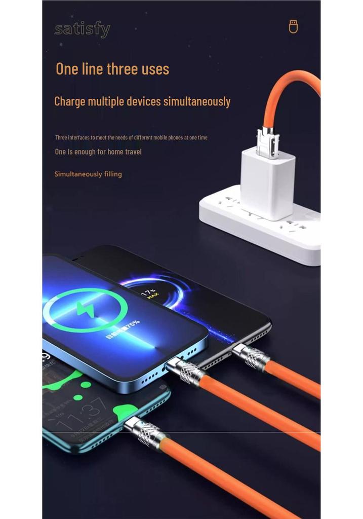 120W Fast Charging 3-in-1 Data Cable for Apple, Vivo, Huawei, and Android Phones