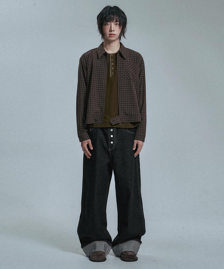 MOO Crop Check Shirt Jacket - Brown