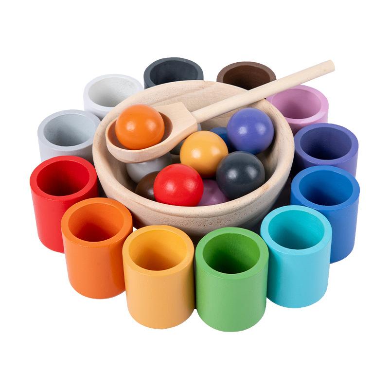 Early Education Wooden Set, 12 Colors, Ball and Cup, Color Classification, Bead Clamping, Color Recognition Matching, Educational Toy
