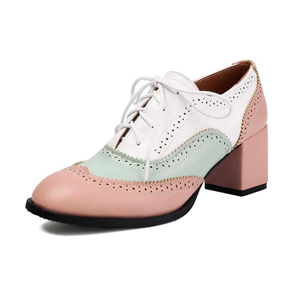 Vintage Casual Lace-up Shoes For Women Pumps Fashion Mixed Colors Women Lady PU Leather High Heels Single Shoe Big Size 34-46