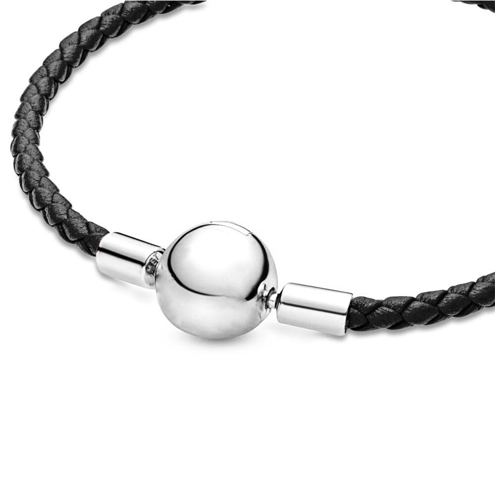 Pulsera de cuerda de cuero trenzado con hebilla redonda de plata S925, ideal para regalos de cumpleaños de mujer, joyería de moda.