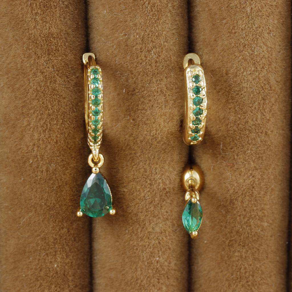 3PCS Fashion Green Zircon Water Drop Dangle Earrings Set For Women Minimal Huggie Stainless Steel Drop Earring Piercing Jewelry