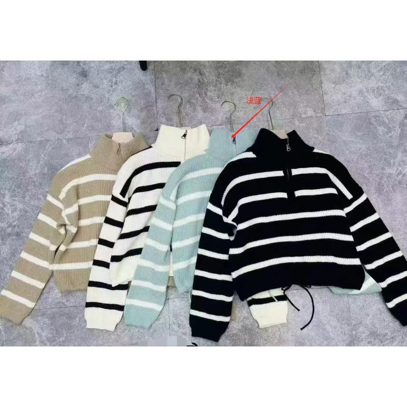 Half zipper lapel striped sweater women's autumn and winter wear thin loose college style color matching short pullover knitted sweater