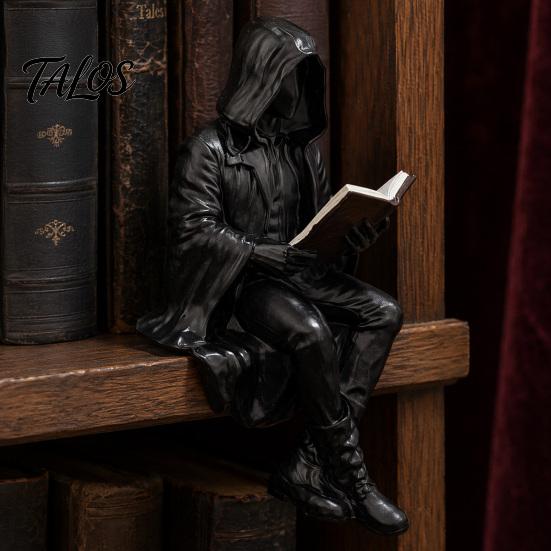 Statua Gotica Compatta Figura Oscura Fantasy che Legge Scultura Figura Incappucciata Misteriosa Ornamento per Libreria Resina Falciatore Seduto per Libreria, Scrivania