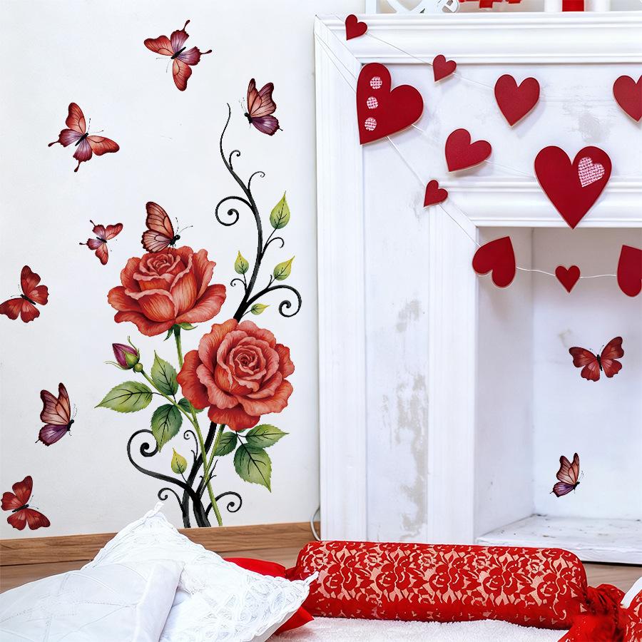 Romantic Vintage Red Rose Butterfly Wall Stickers, Self-Adhesive Decor for Living Room Bedroom Wall Decoration