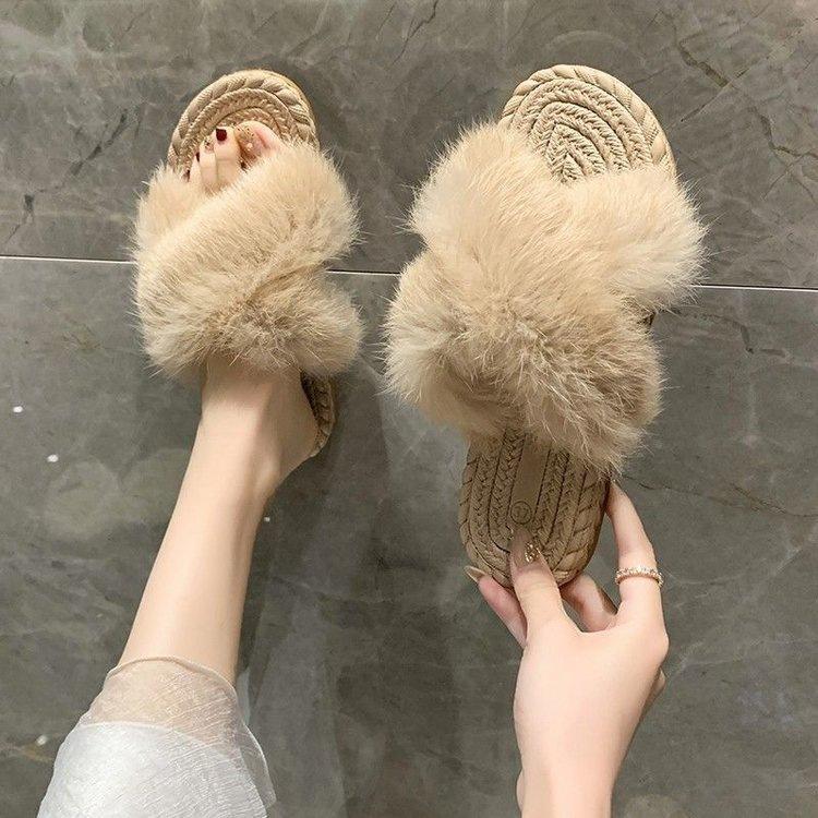 

Autumn Mao Mao slippers new outer wear cross flat bottom lazy comfortable home with one word sandals 35 хаки