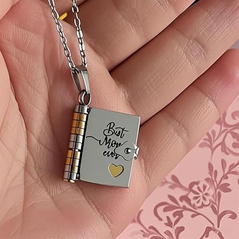 Openable Daughter Book Necklace Stainless Steel With Pages Of Engraved Information Message Mini Book Pendant Necklace Gold Color