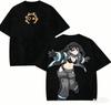 2026 Vintage Washed Black Anime Tee Fire Force Tamaki Kotatsu Double Sided Print T-shirt Harajuku Streetwear
