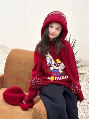 Yuchen Girls' Cartoon Sweater: 2025 Winter Warm Knit Top for Kids