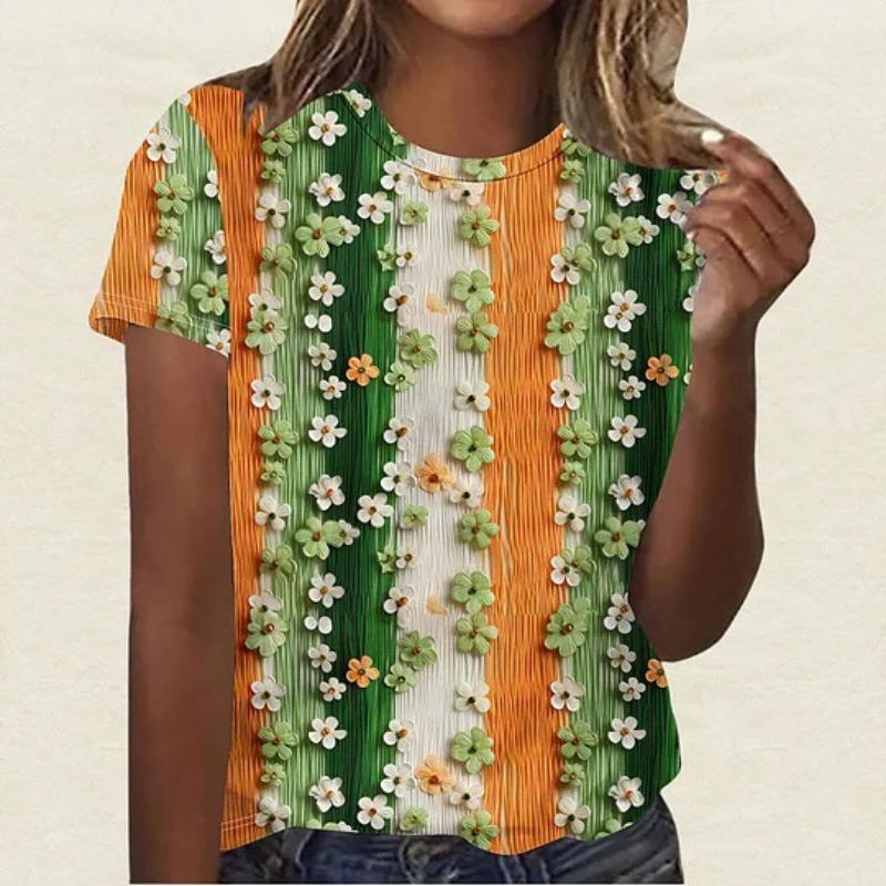 Summer Round Neck 3D St. Patrick's Day Print Top Fashionable Casual Short Sleeved Women's T-shirts